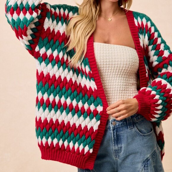 BIBI Christmas Chunky Knit Red Green White Cardigan - Picture 12 of 14